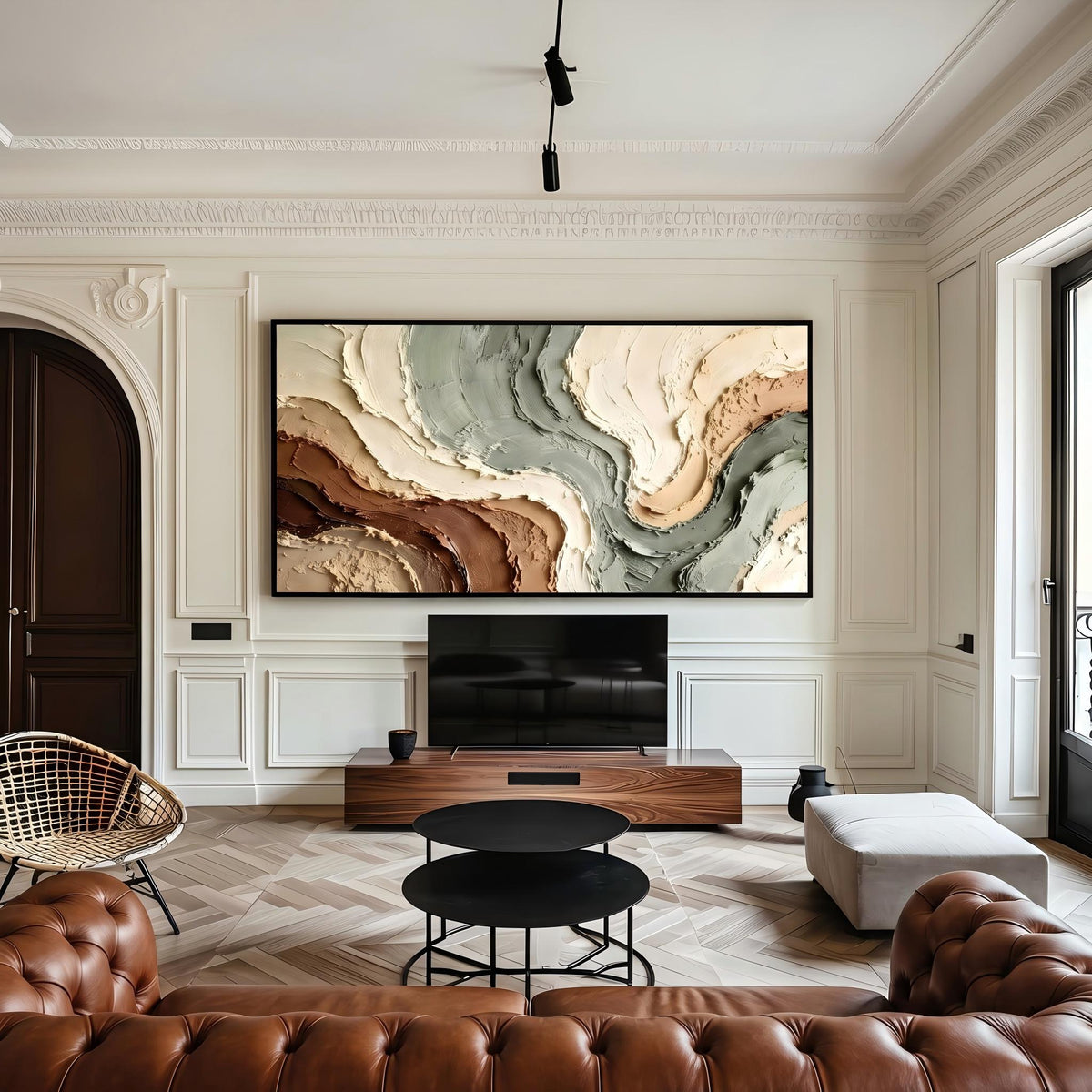 "Muted Green Brown Flow Textured Art" - Modern Heavy Impasto Abstract Artwork | Beige Palette Knife Painting | Luxury Horizontal Wall Art #YK 1612