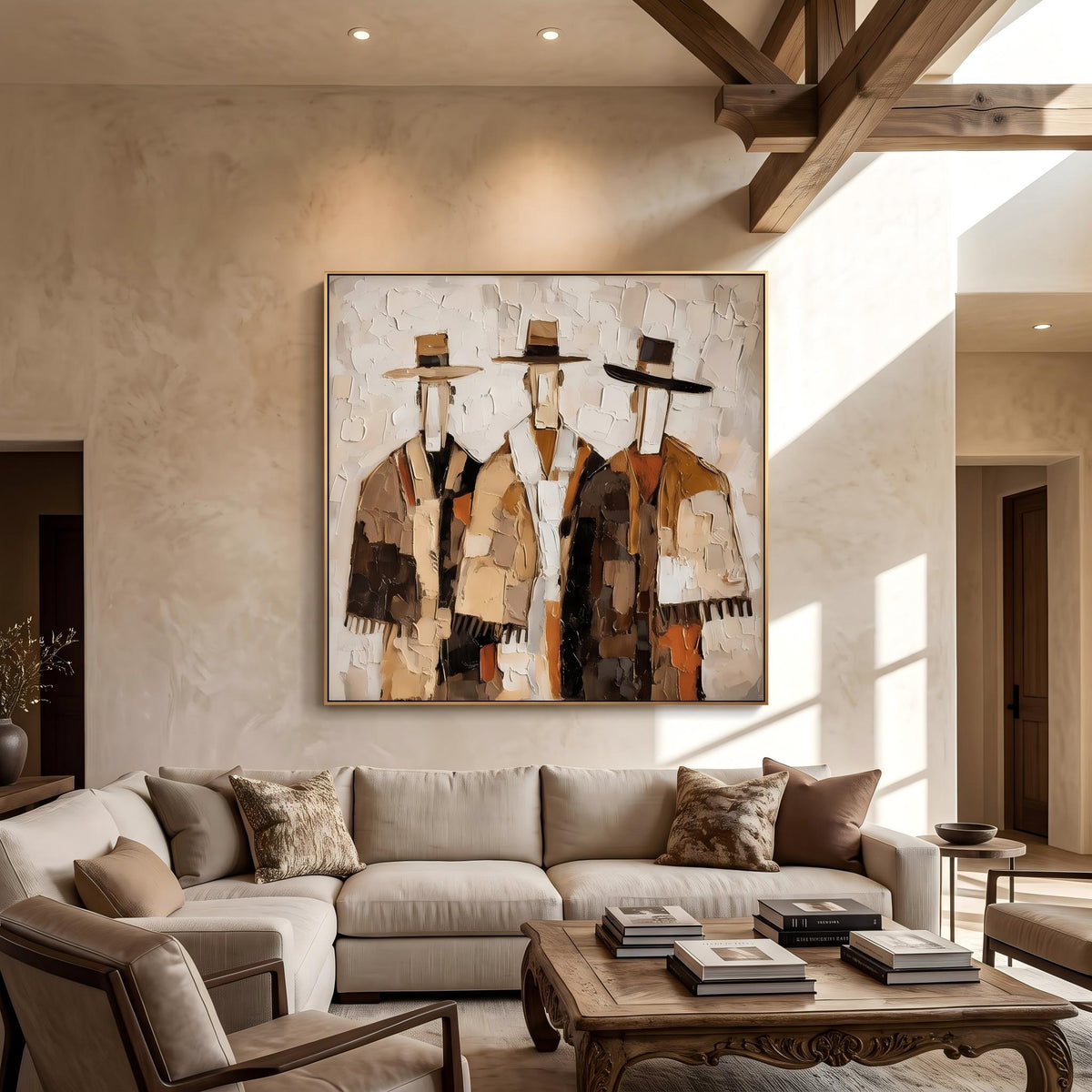 "Three Cowboys Impasto Wall" - Modern Heavy Impasto Abstract Artwork | Orange Palette Knife Painting | Luxury Square Wall Art #YK 1560