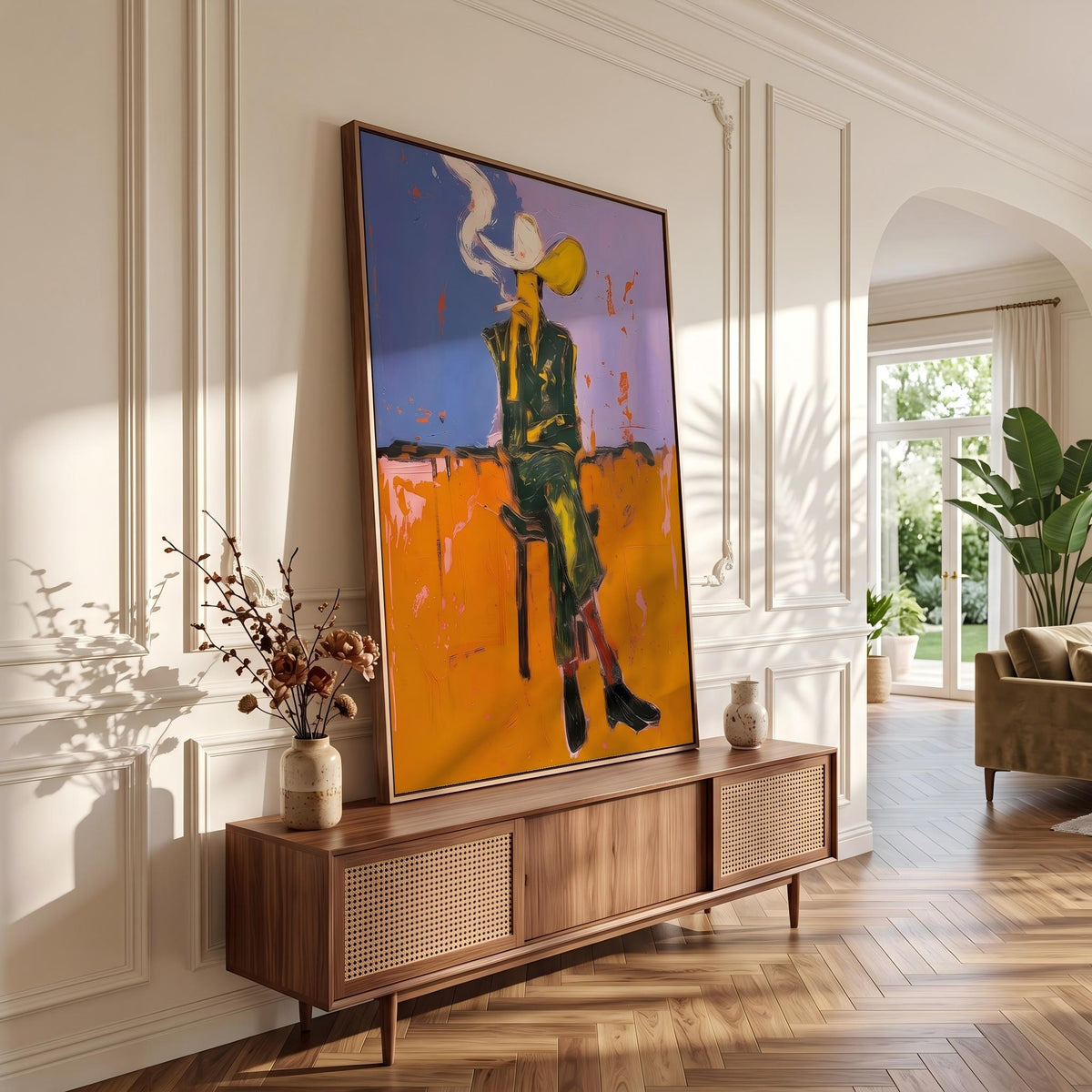 "Cigarettes Western Cowboy" - Modern Heavy Impasto Western Animal Artwork | Orange Palette Knife Painting | Luxury Vertical Wall Art #YK 1579