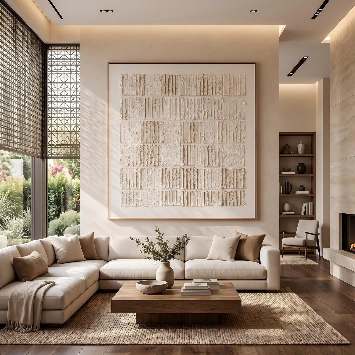 "Cream Block Relief Abstract" - Modern Heavy Impasto Abstract Artwork | White Palette Knife Painting | Luxury Square Wall Art #YK 1556