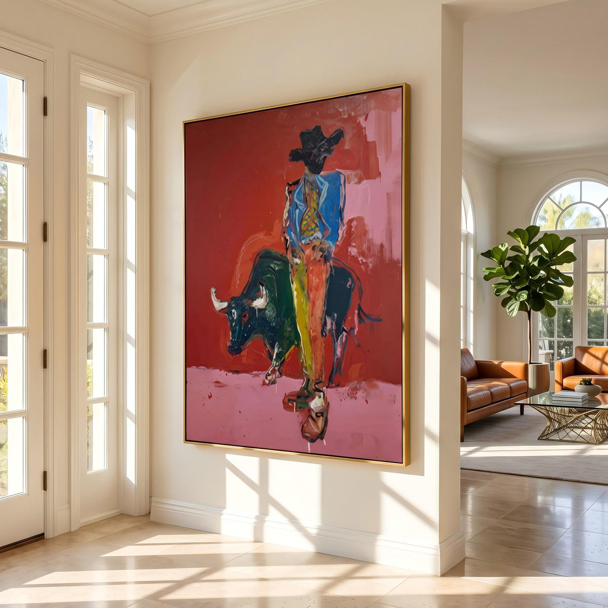 "Bullfighting Western Cowboy" - Modern Heavy Impasto Western Animal Artwork | Pink Palette Knife Painting | Luxury Vertical Wall Art #YK 1581