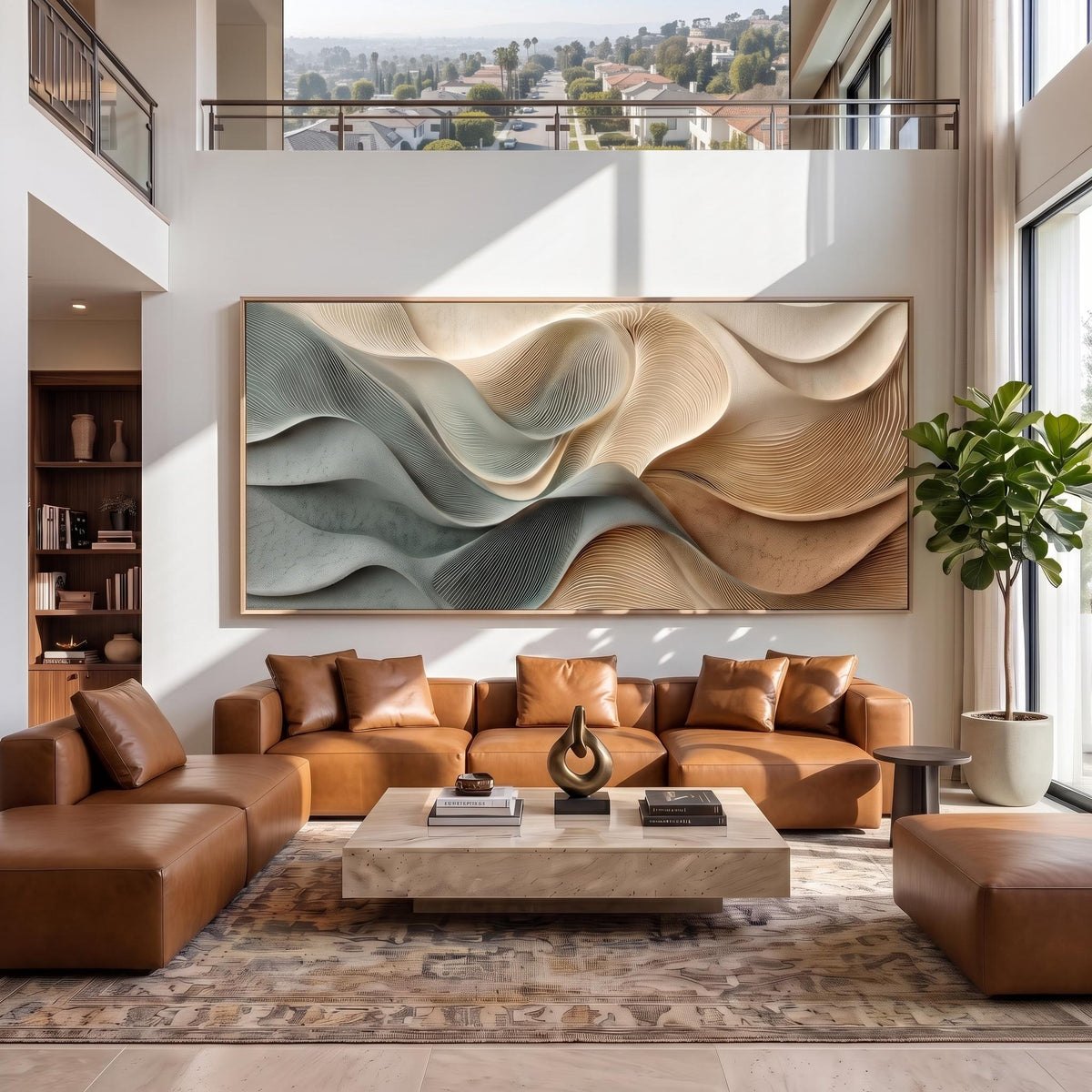 "Dusty Blue Beige Heavy‑Texture Wave" - Modern Heavy Impasto Ocean Wave Seascape | Beige Palette Knife Painting | Luxury Horizontal Wall Art #YK 1608