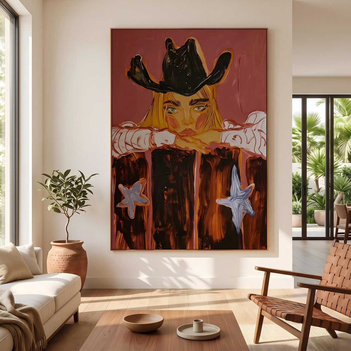 "Western Cowboy Girl" - Modern Heavy Impasto Western Animal Artwork | Orange Palette Knife Painting | Luxury Vertical Wall Art #YK 1580