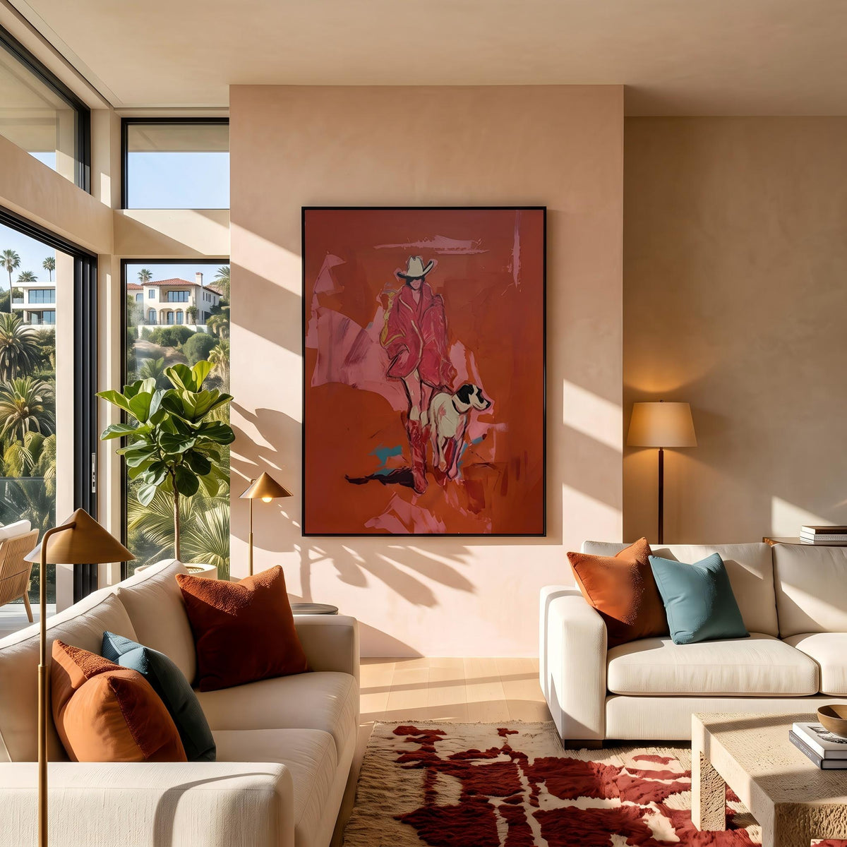 "Cowgirl and Dog" - Modern Heavy Impasto Dog Portrait Artwork | Pink Palette Knife Painting | Luxury Vertical Wall Art #YK 1583