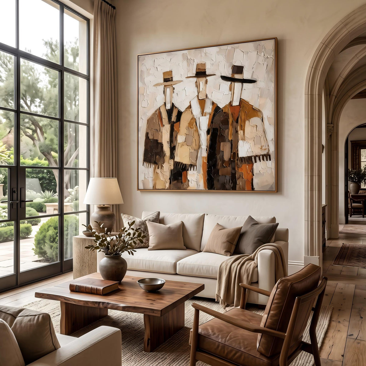 "Three Cowboys Impasto Wall" - Modern Heavy Impasto Abstract Artwork | Orange Palette Knife Painting | Luxury Square Wall Art #YK 1560