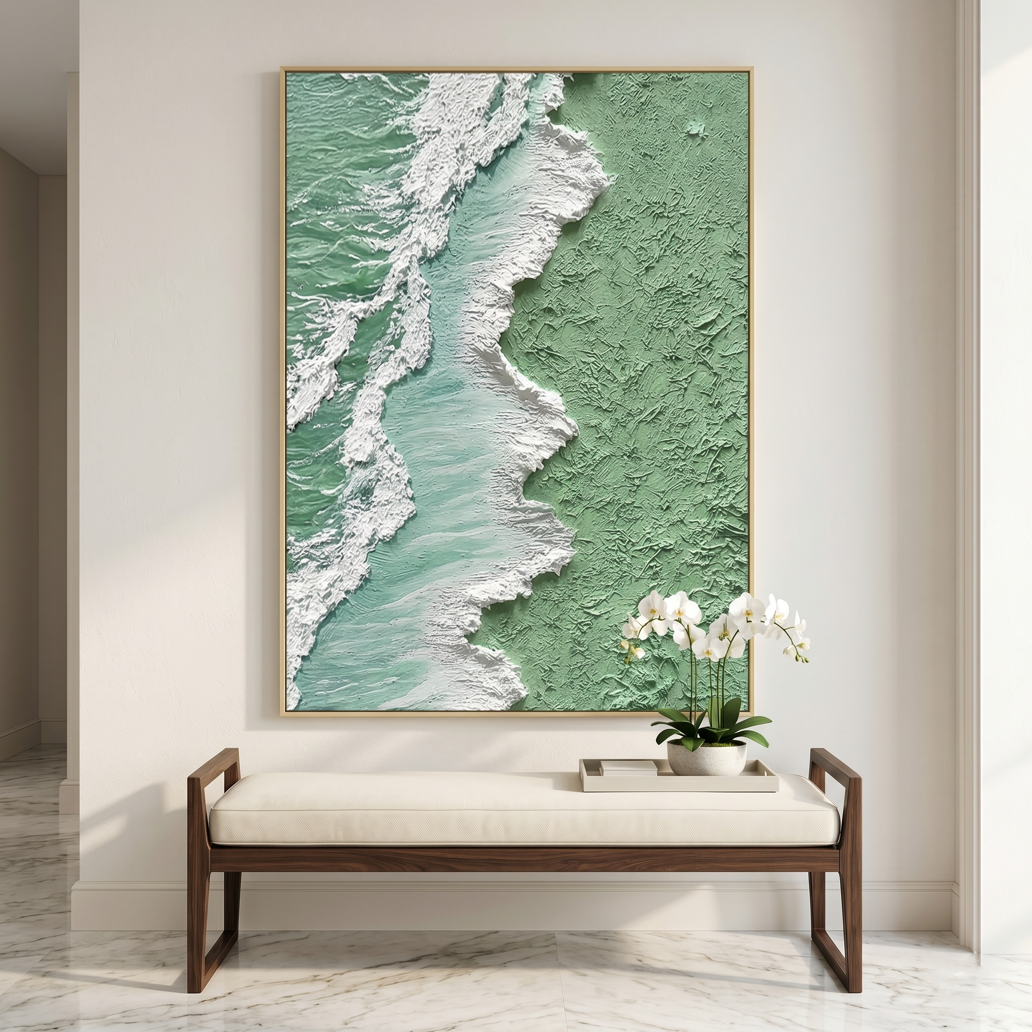 "Sage Surf" – Extreme 3D Heavy Impasto Coastal Abstract | Vertical Sage & White Statement Art