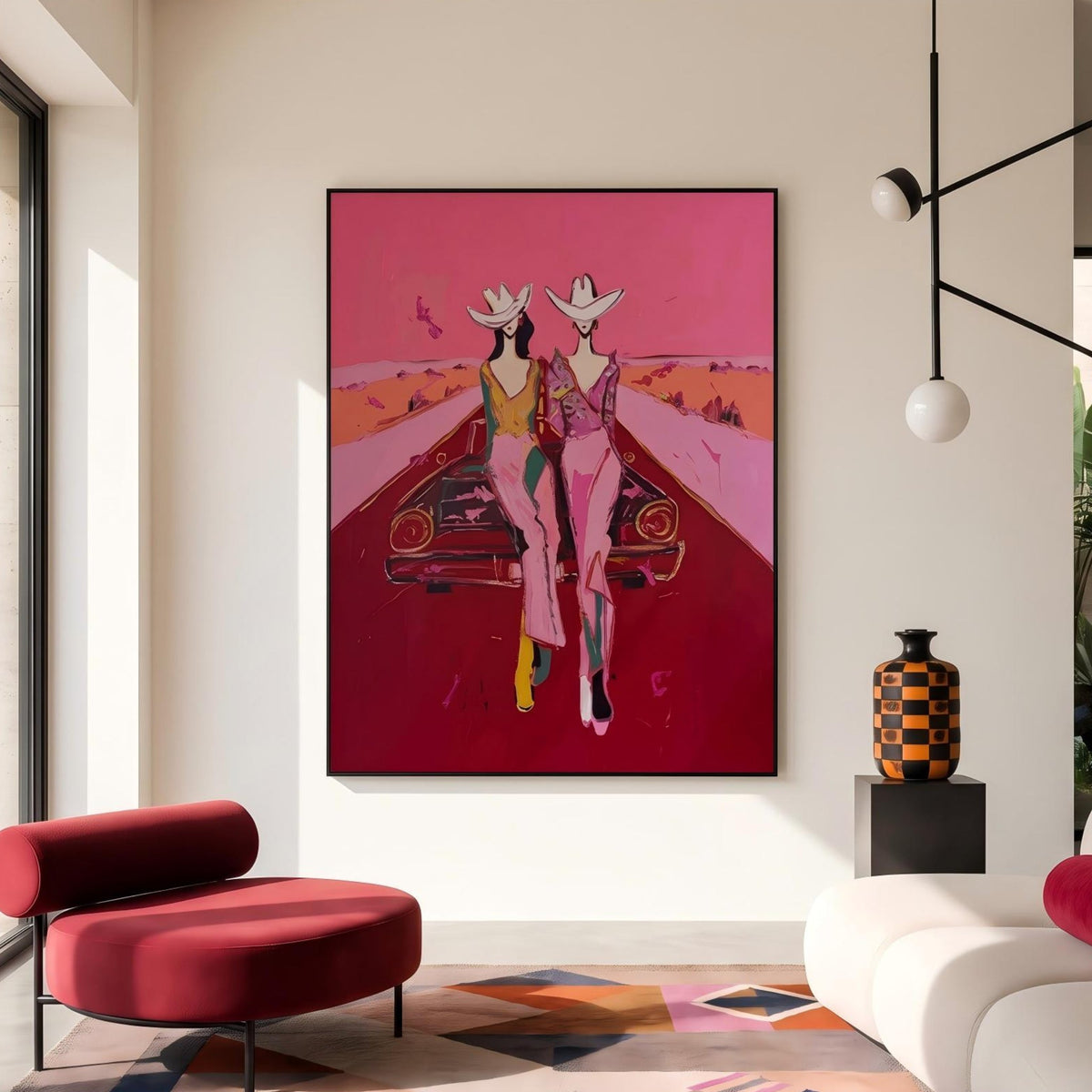 "Cowgirls on the Road" - Modern Heavy Impasto Abstract Artwork | Pink Palette Knife Painting | Luxury Vertical Wall Art #YK 1585