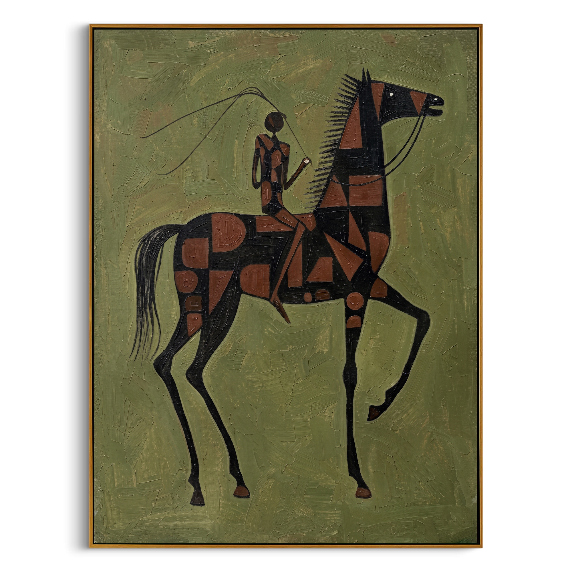 "Geometric Steed & Rider" – Modern Heavy Impasto Tribal Art | 3D Olive & Rust Palette Knife Painting | Luxury Vertical Wall Art #AB 008