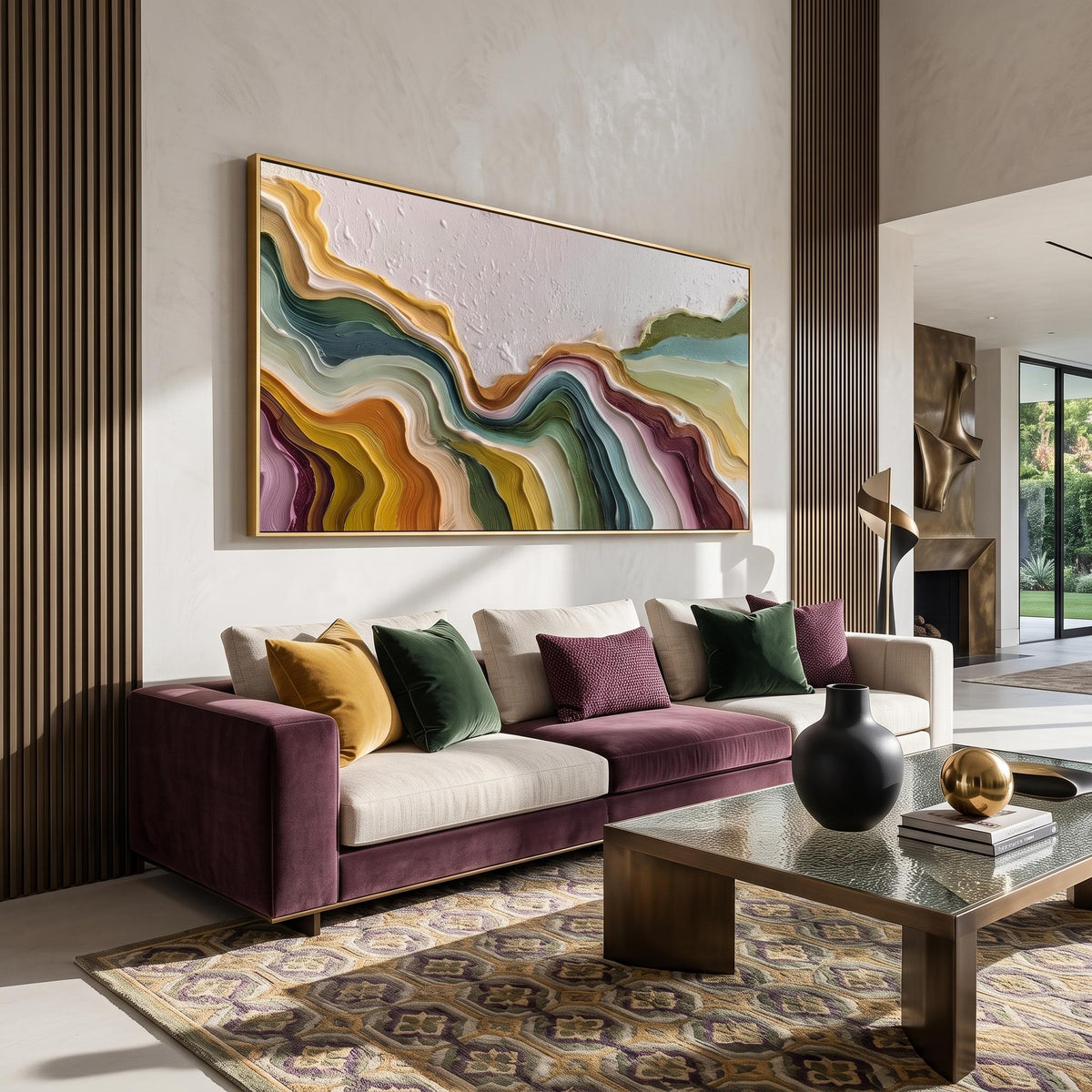 "Color Flowing Layer" - Modern Heavy Impasto Abstract Artwork | Beige Palette Knife Painting | Luxury Horizontal Wall Art #YK 1551