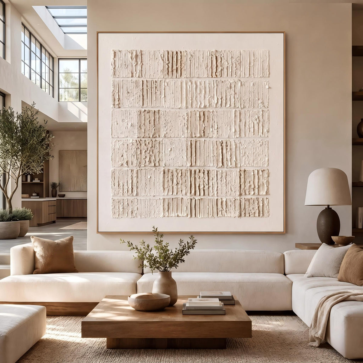 "Cream Block Relief Abstract" - Modern Heavy Impasto Abstract Artwork | White Palette Knife Painting | Luxury Square Wall Art #YK 1556