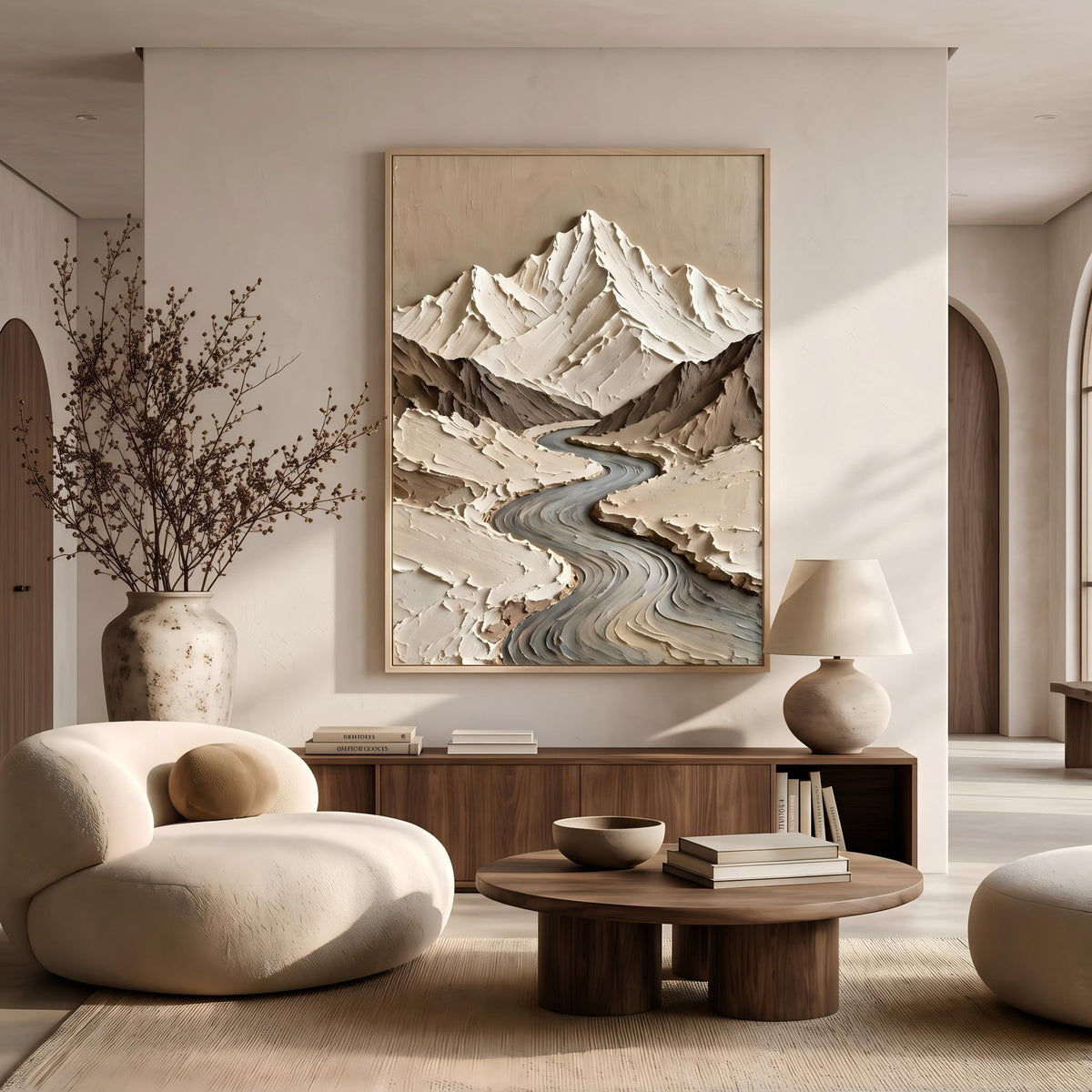 "Thick Impasto Mountain Valley" - Modern Heavy Impasto Landscape Artwork | Beige Palette Knife Painting | Luxury Vertical Wall Art #YK 1611