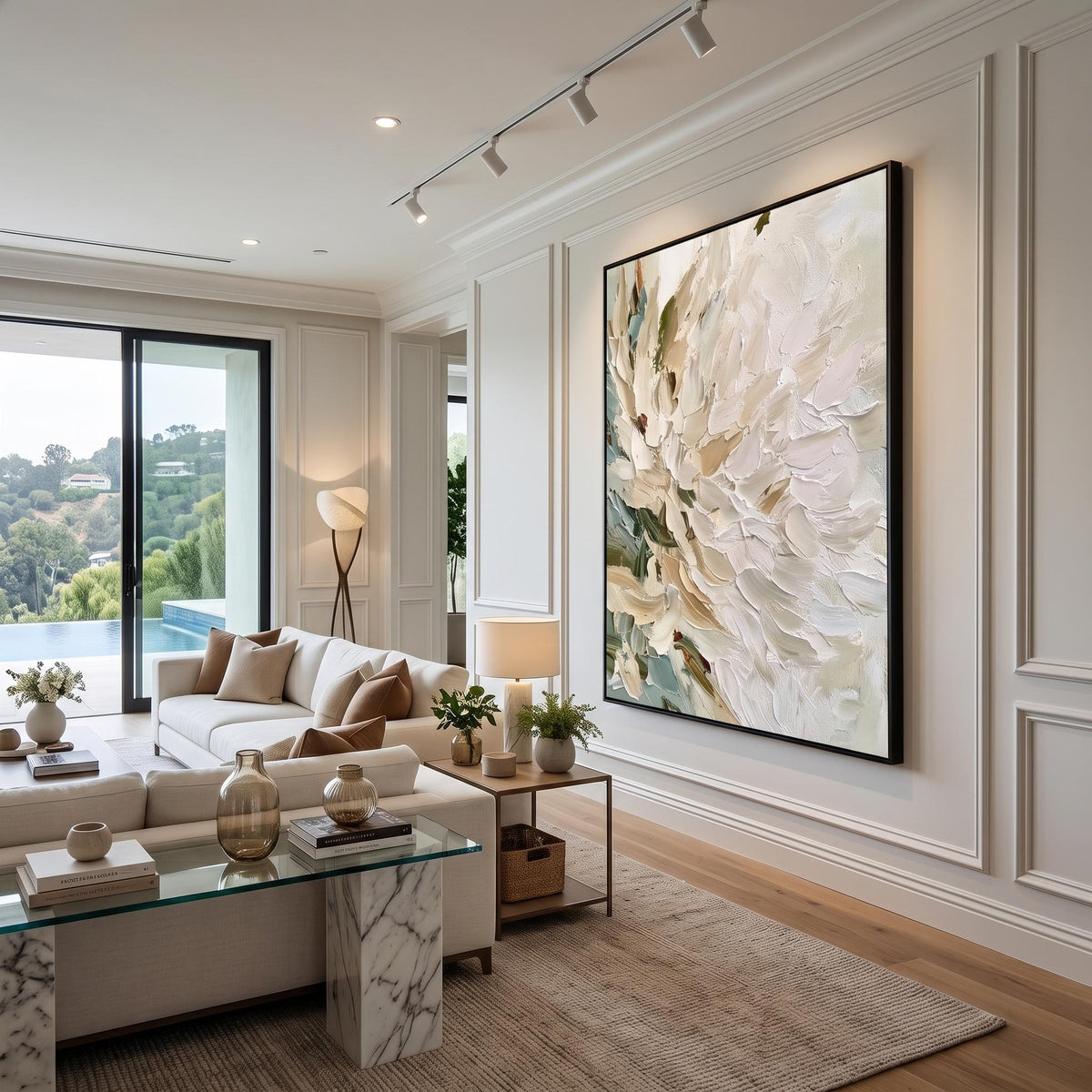 "Vertical Impasto White Flower" - Modern Heavy Impasto Floral Abstract | Beige Palette Knife Painting | Luxury Vertical Wall Art #YK 1553