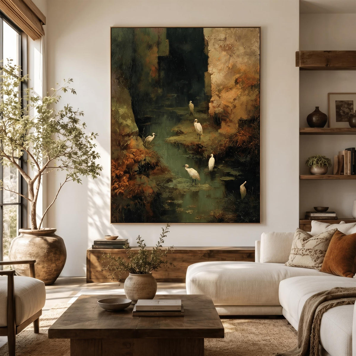 "Wetland Egret" - Modern Heavy Impasto Abstract Artwork | Golden Palette Knife Painting | Luxury Vertical Wall Art #YK 1550