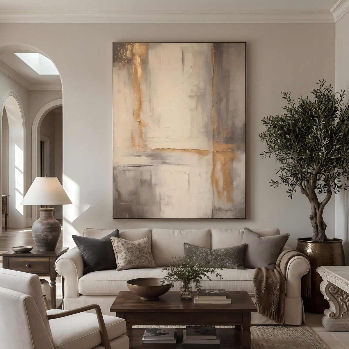 "Gold Foil Luxury" - Modern Heavy Impasto Abstract Artwork | Beige & White Palette Knife Painting | Luxury Vertical Wall Art #YK 1559