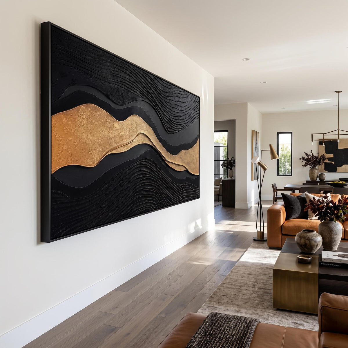 "Luxury Black‑Gold Layered Mountain" - Modern Heavy Impasto Landscape Artwork | Beige Palette Knife Painting | Luxury Horizontal Wall Art #YK 1545