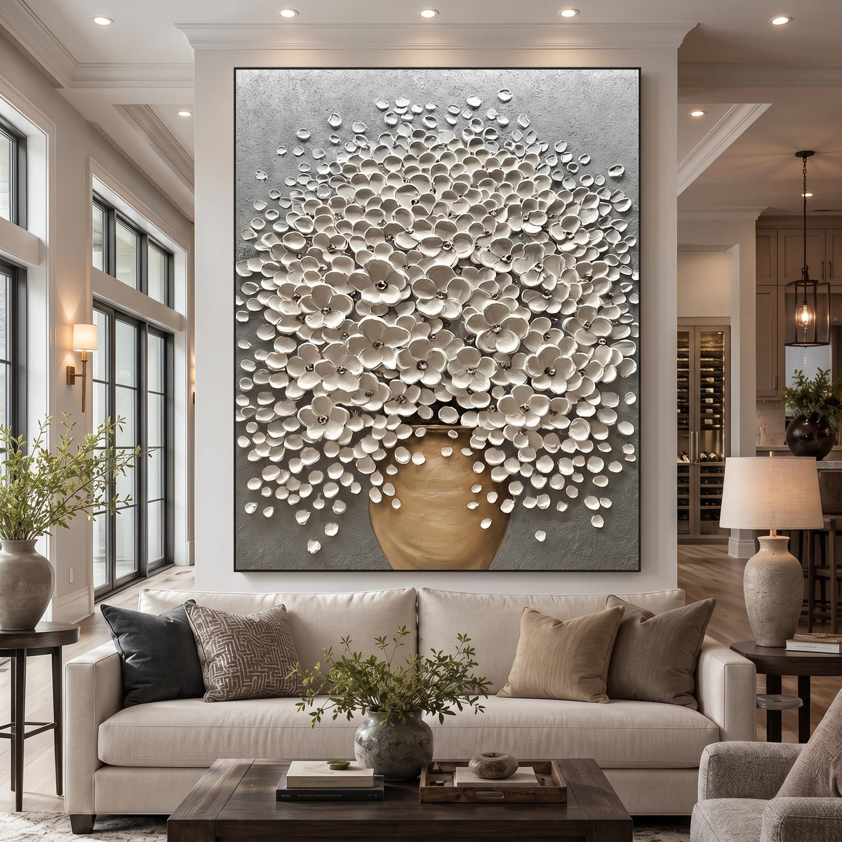 "Luxury 3D Blossom Wall" - Modern Heavy Impasto Floral Abstract | 3D Grey Palette Knife Painting | Luxury Vertical Wall Art #YK 1549