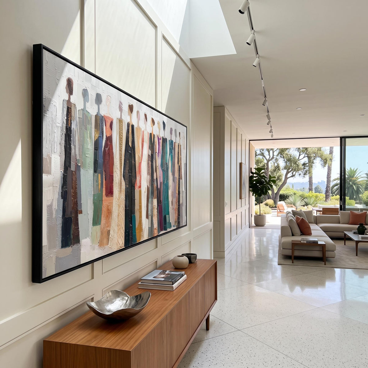 "Colorful Dressed Women Wall" - Modern Heavy Impasto Abstract Artwork | Beige Palette Knife Painting | Luxury Horizontal Wall Art #YK 1552