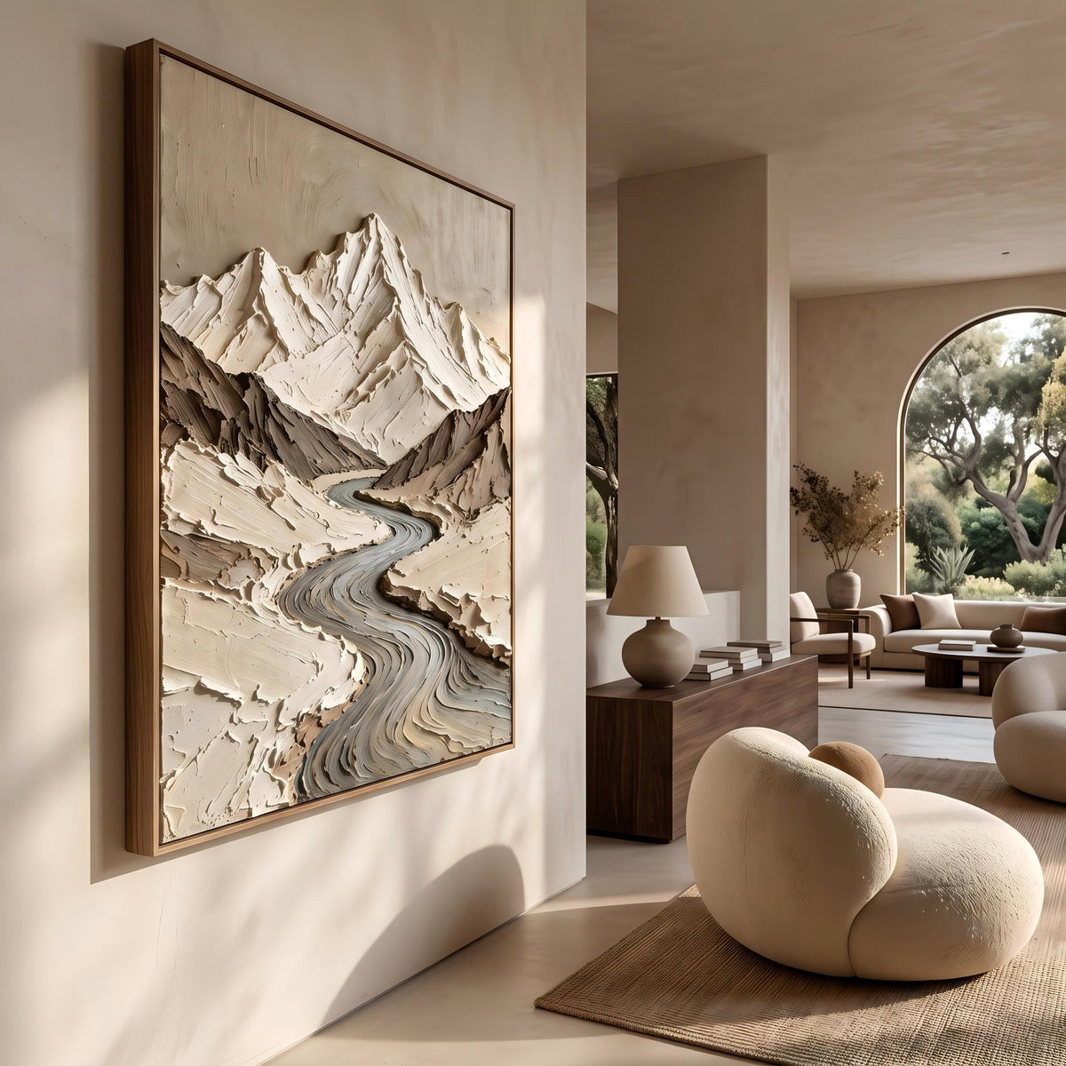 "Thick Impasto Mountain Valley" - Modern Heavy Impasto Landscape Artwork | Beige Palette Knife Painting | Luxury Vertical Wall Art #YK 1611