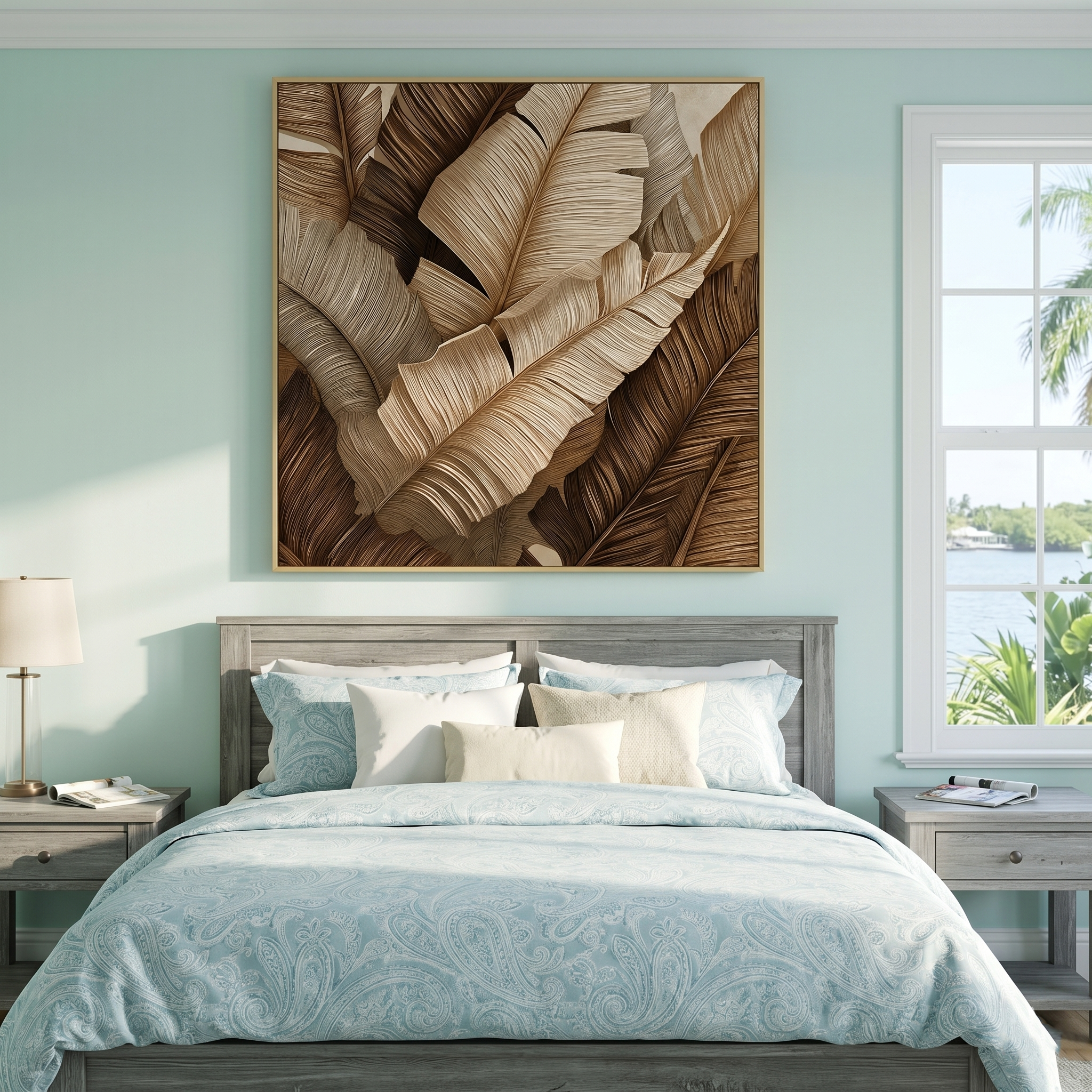 "Bronze Canopy" – Modern Linear Tropical Banana Leaf Canvas | Sophisticated Organic Wall Art