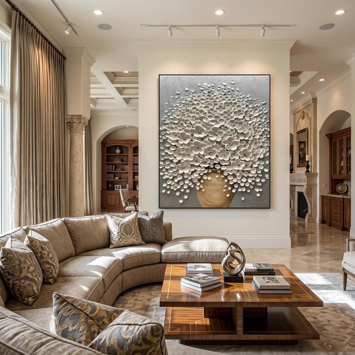 "Luxury 3D Blossom Wall" - Modern Heavy Impasto Floral Abstract | 3D Grey Palette Knife Painting | Luxury Vertical Wall Art #YK 1549