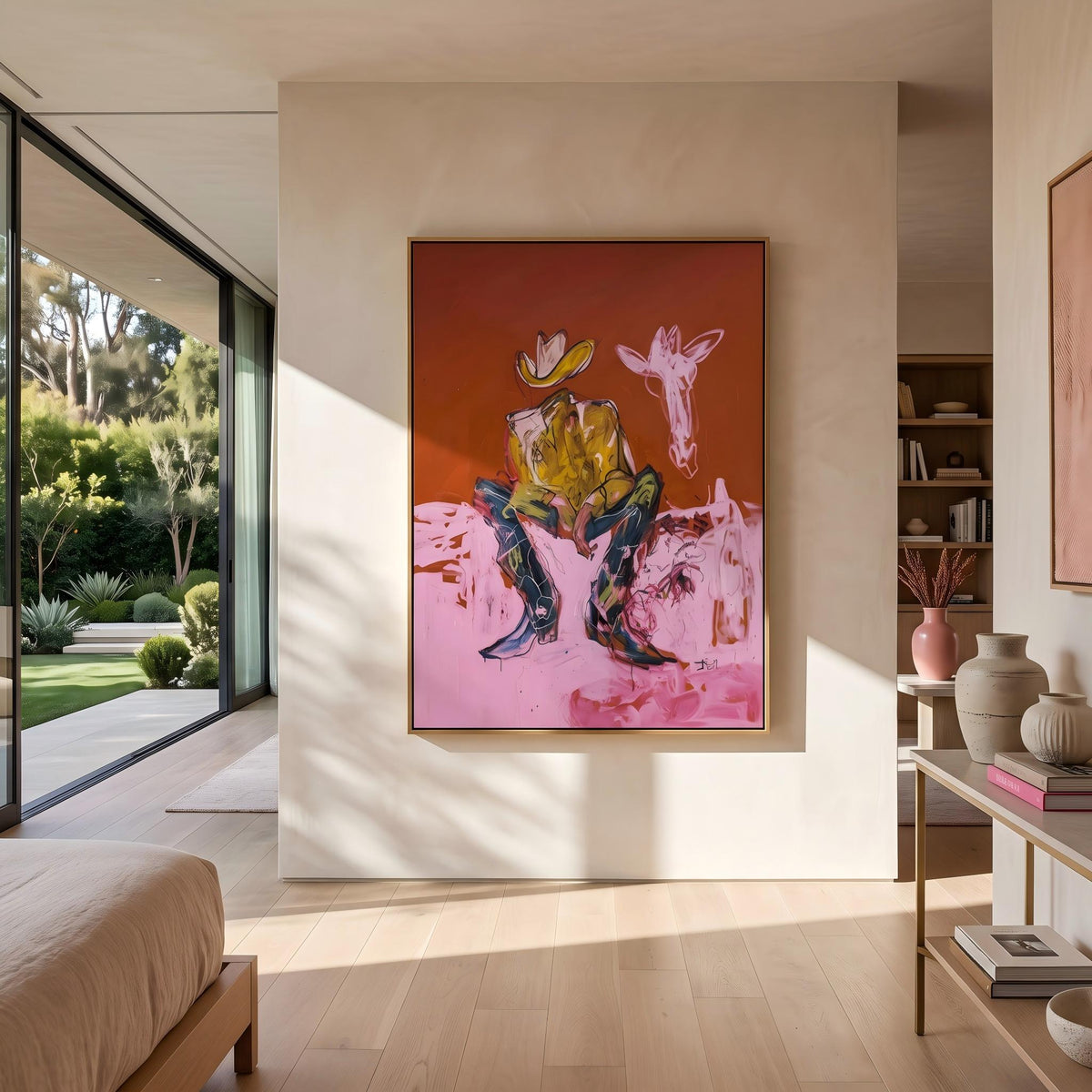 "Squatting faceless cowboy" - Modern Heavy Impasto Western Animal Artwork | Pink Palette Knife Painting | Luxury Vertical Wall Art #YK 1578