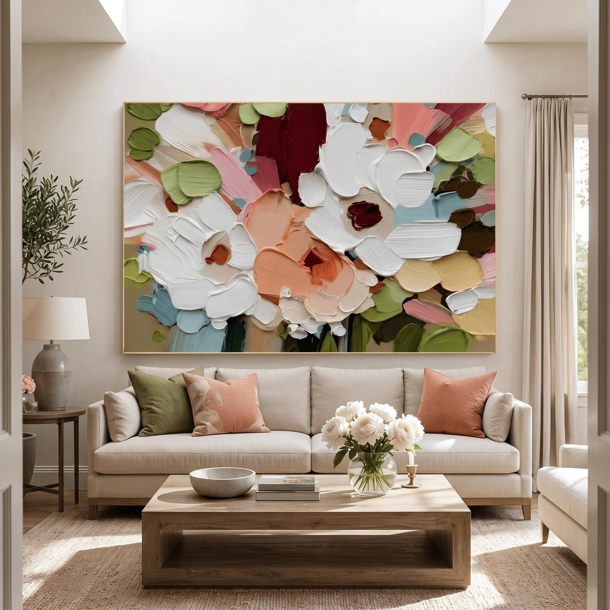 "Colorful Textured Floral Wall" - Modern Heavy Impasto Floral Abstract | White Palette Knife Painting | Luxury Horizontal Wall Art #YK 1615