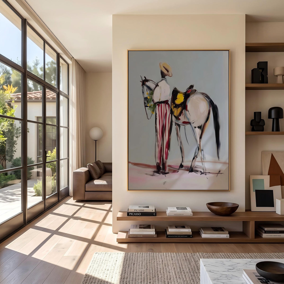 "Western Cowboy and Horse" - Modern Heavy Impasto Western Animal Artwork | White Palette Knife Painting | Luxury Vertical Wall Art #YK 1570