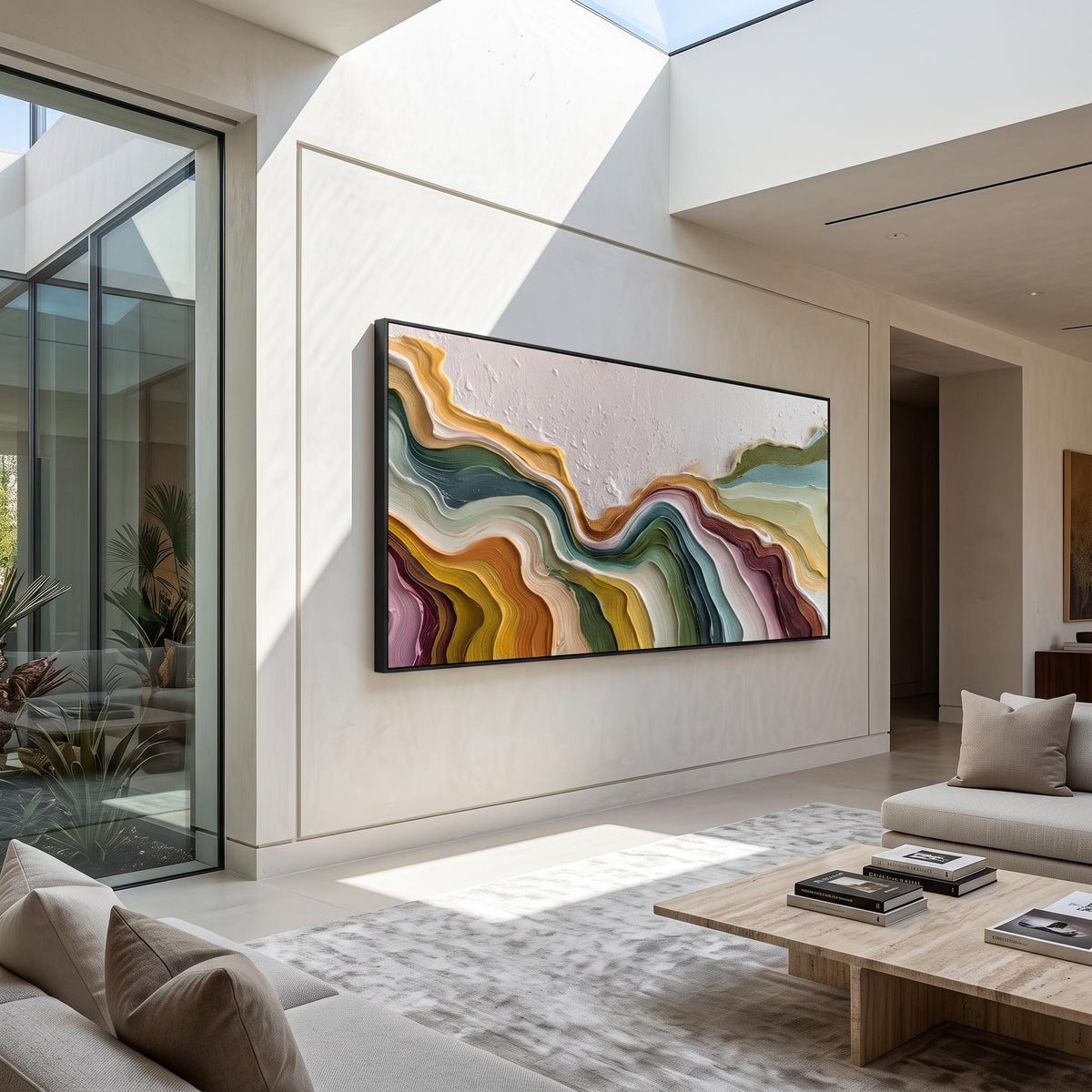 "Color Flowing Layer" - Modern Heavy Impasto Abstract Artwork | Beige Palette Knife Painting | Luxury Horizontal Wall Art #YK 1551
