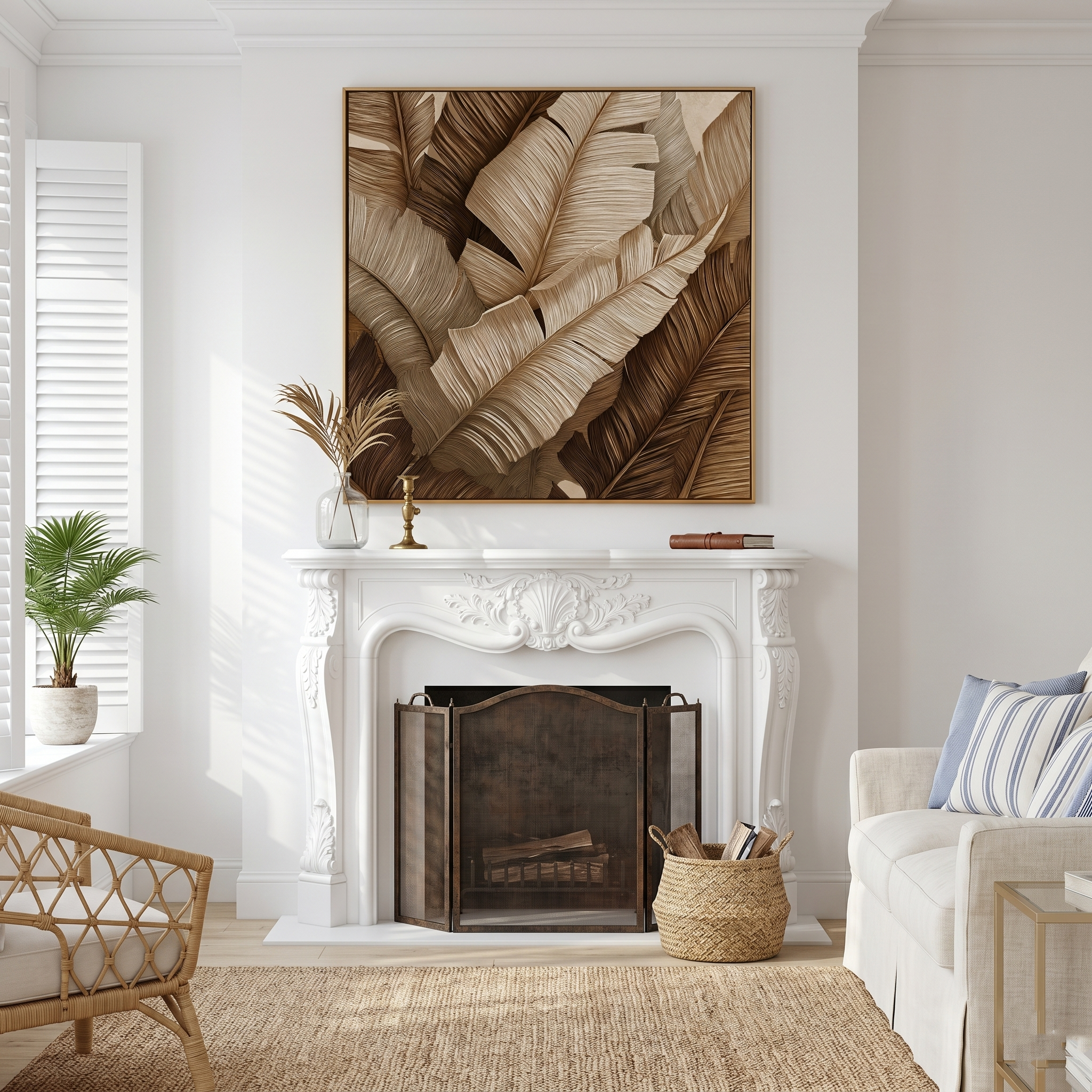 "Bronze Canopy" – Modern Linear Tropical Banana Leaf Canvas | Sophisticated Organic Wall Art