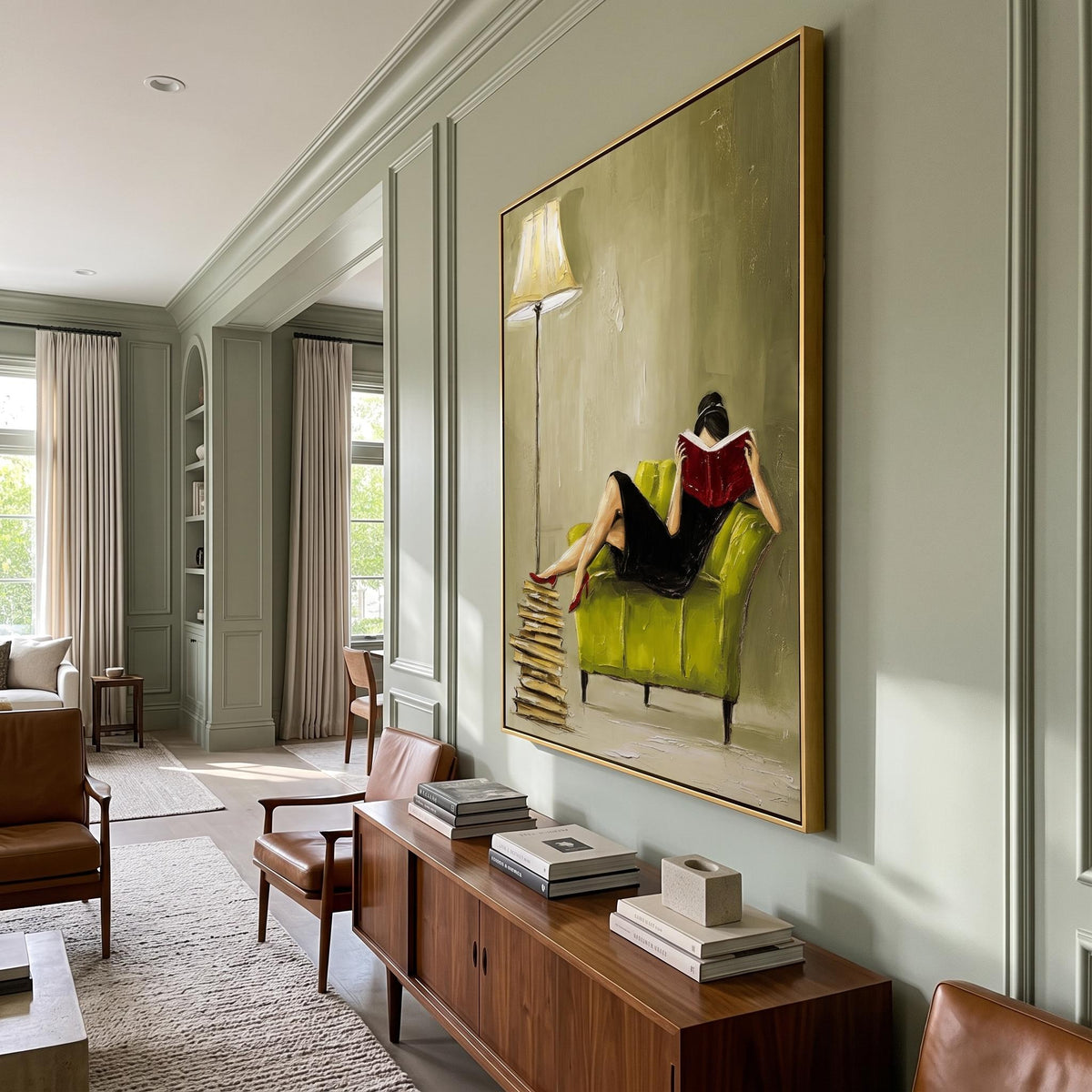 "Woman Reading" - Modern Heavy Impasto Abstract Artwork | Beige & Yellow Palette Knife Painting | Luxury Vertical Wall Art #YK 1620