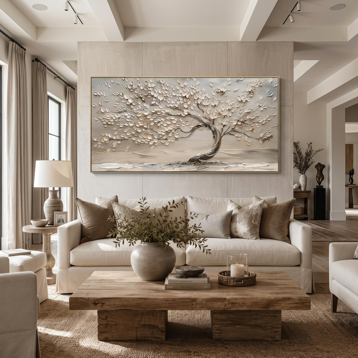 "Life Tree" - Modern Heavy Impasto Botanical Tree Artwork | White Palette Knife Painting | Luxury Horizontal Wall Art #YK 1546