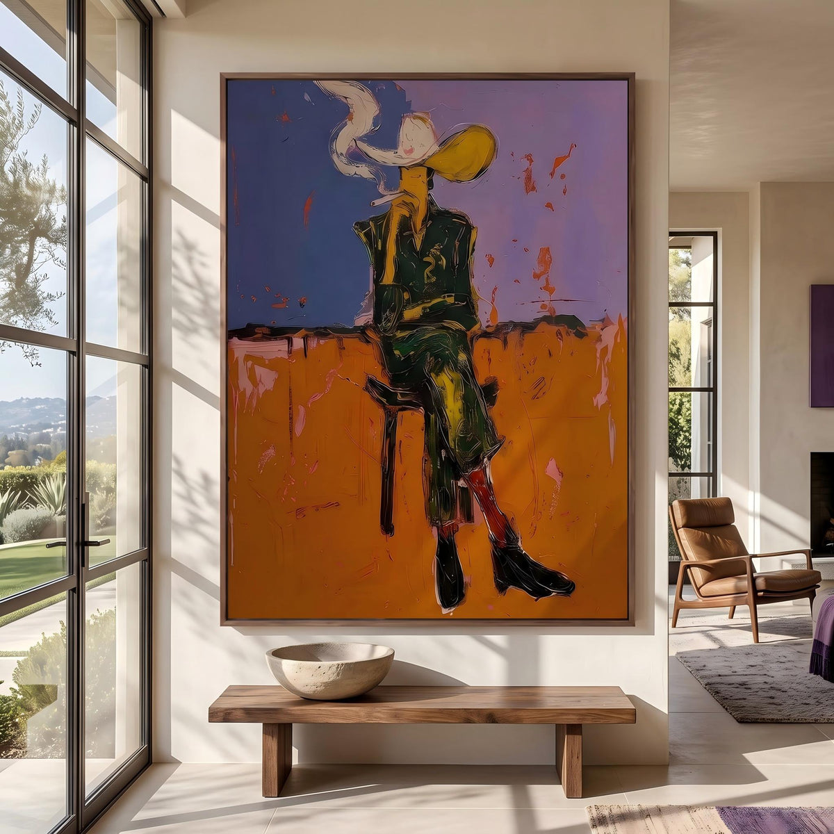 "Cigarettes Western Cowboy" - Modern Heavy Impasto Western Animal Artwork | Orange Palette Knife Painting | Luxury Vertical Wall Art #YK 1579