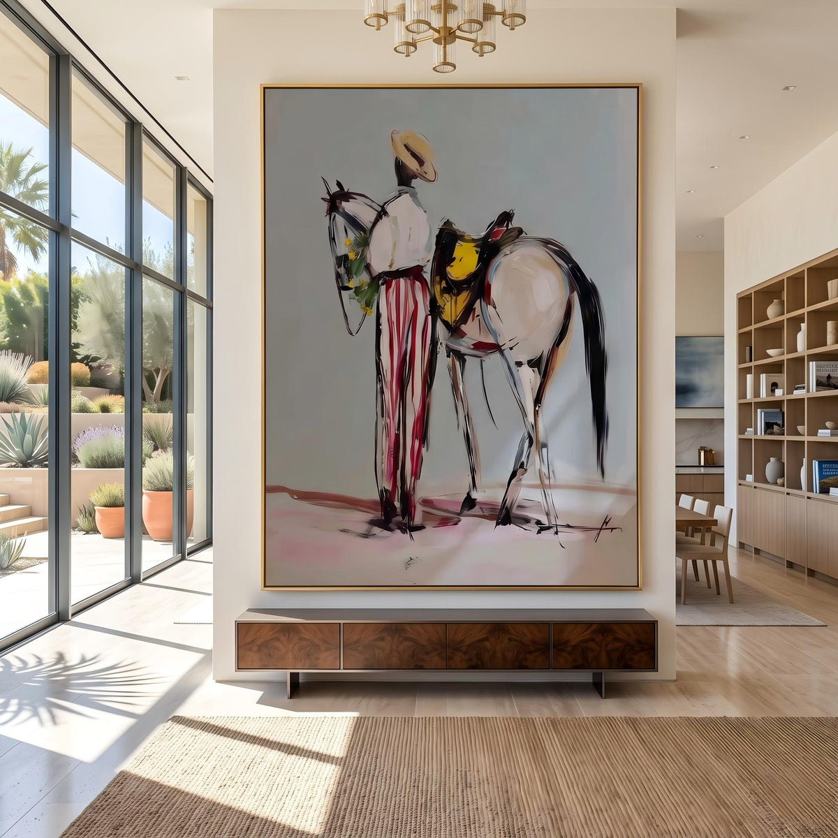 "Western Cowboy and Horse" - Modern Heavy Impasto Western Animal Artwork | White Palette Knife Painting | Luxury Vertical Wall Art #YK 1570