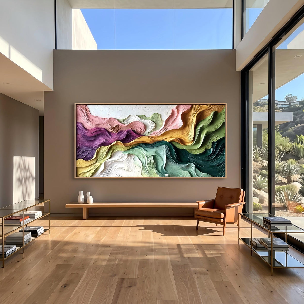 "Boho Flow Color Abstract" - Modern Heavy Impasto Abstract Artwork | Beige Palette Knife Painting | Luxury Horizontal Wall Art #YK 1614
