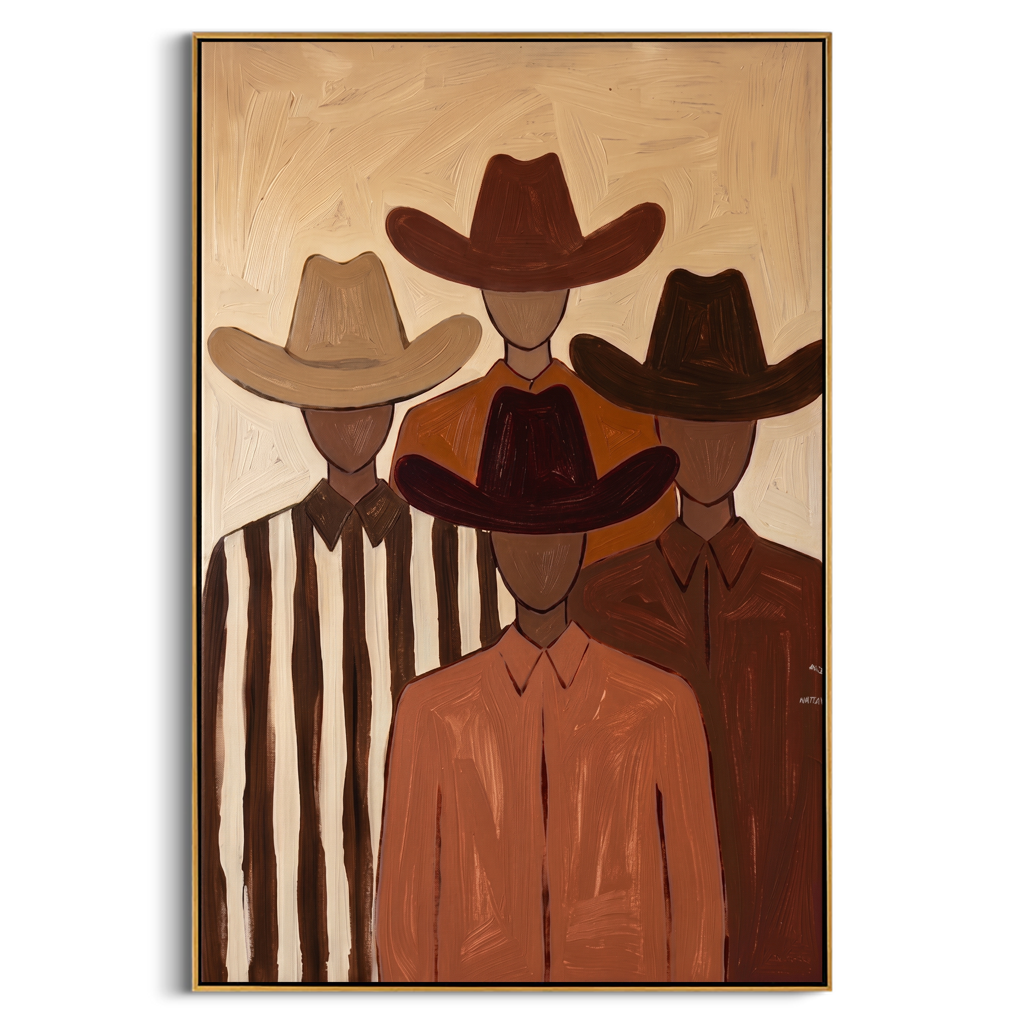 "The Four Cowboys" – Modern Heavy Impasto Western Art | 3D Cinnamon & Sand Palette Knife Painting | Luxury Vertical Wall Art #PE 015