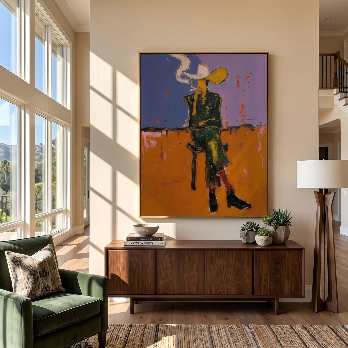 "Cigarettes Western Cowboy" - Modern Heavy Impasto Western Animal Artwork | Orange Palette Knife Painting | Luxury Vertical Wall Art #YK 1579