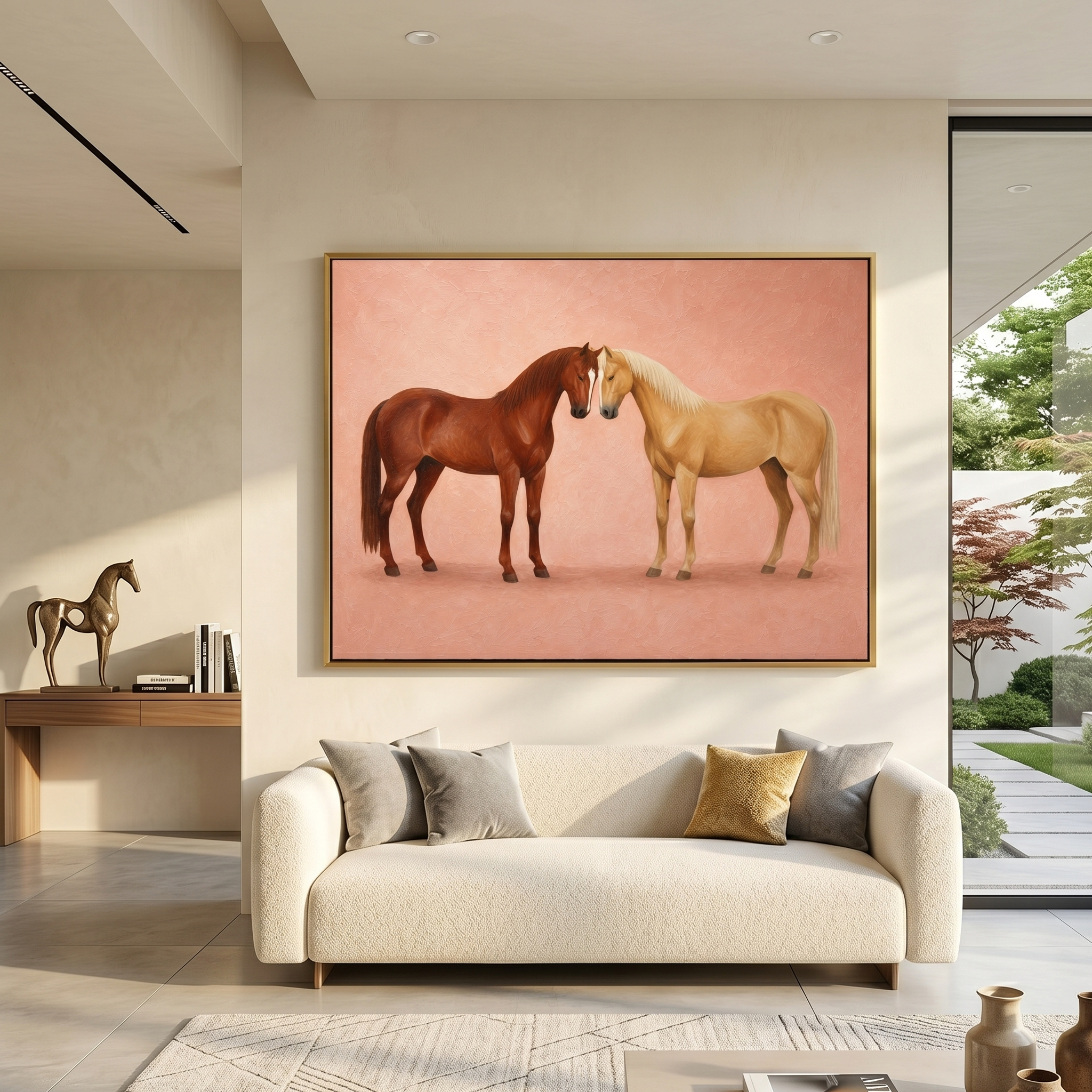 "Bonded Equine Pair" – Modern Heavy Impasto Animal Art | 3D Russet & Sand Palette Knife Painting | Luxury Horizontal Wall Art #AN 004