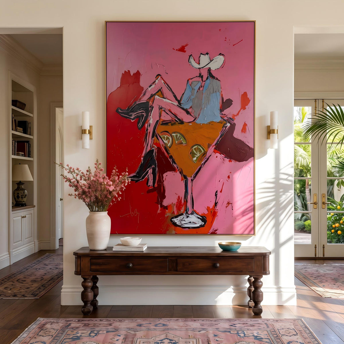 "Pink Cowgirl Cocktail" - Modern Heavy Impasto Western Animal Artwork | Pink Palette Knife Painting | Luxury Vertical Wall Art #YK 1584