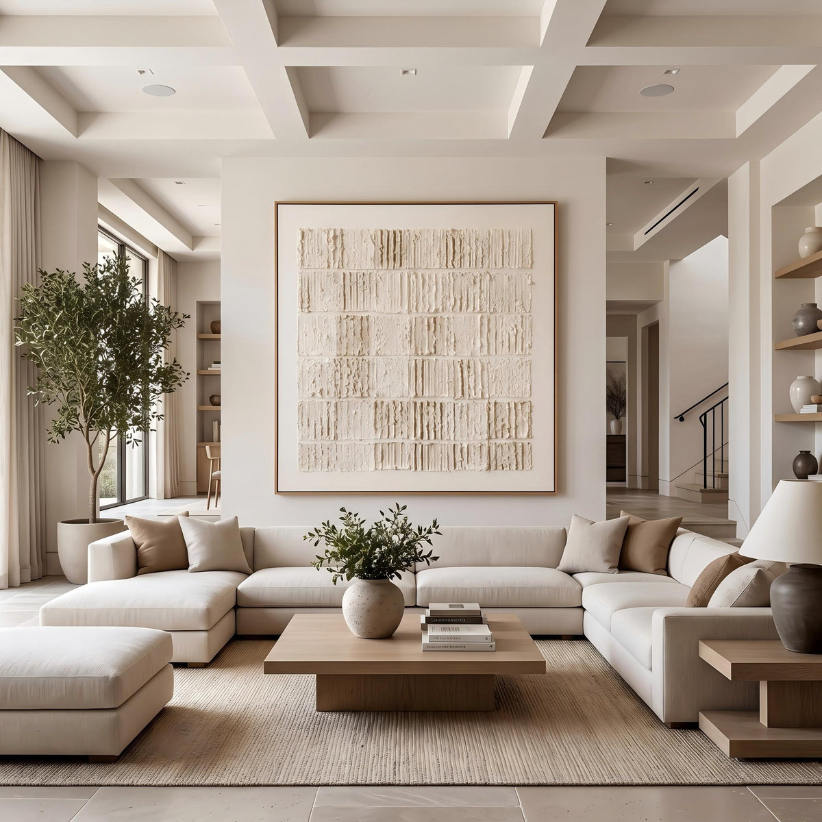 "Cream Block Relief Abstract" - Modern Heavy Impasto Abstract Artwork | White Palette Knife Painting | Luxury Square Wall Art #YK 1556