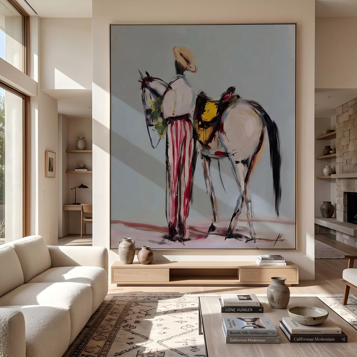 "Western Cowboy and Horse" - Modern Heavy Impasto Western Animal Artwork | White Palette Knife Painting | Luxury Vertical Wall Art #YK 1570