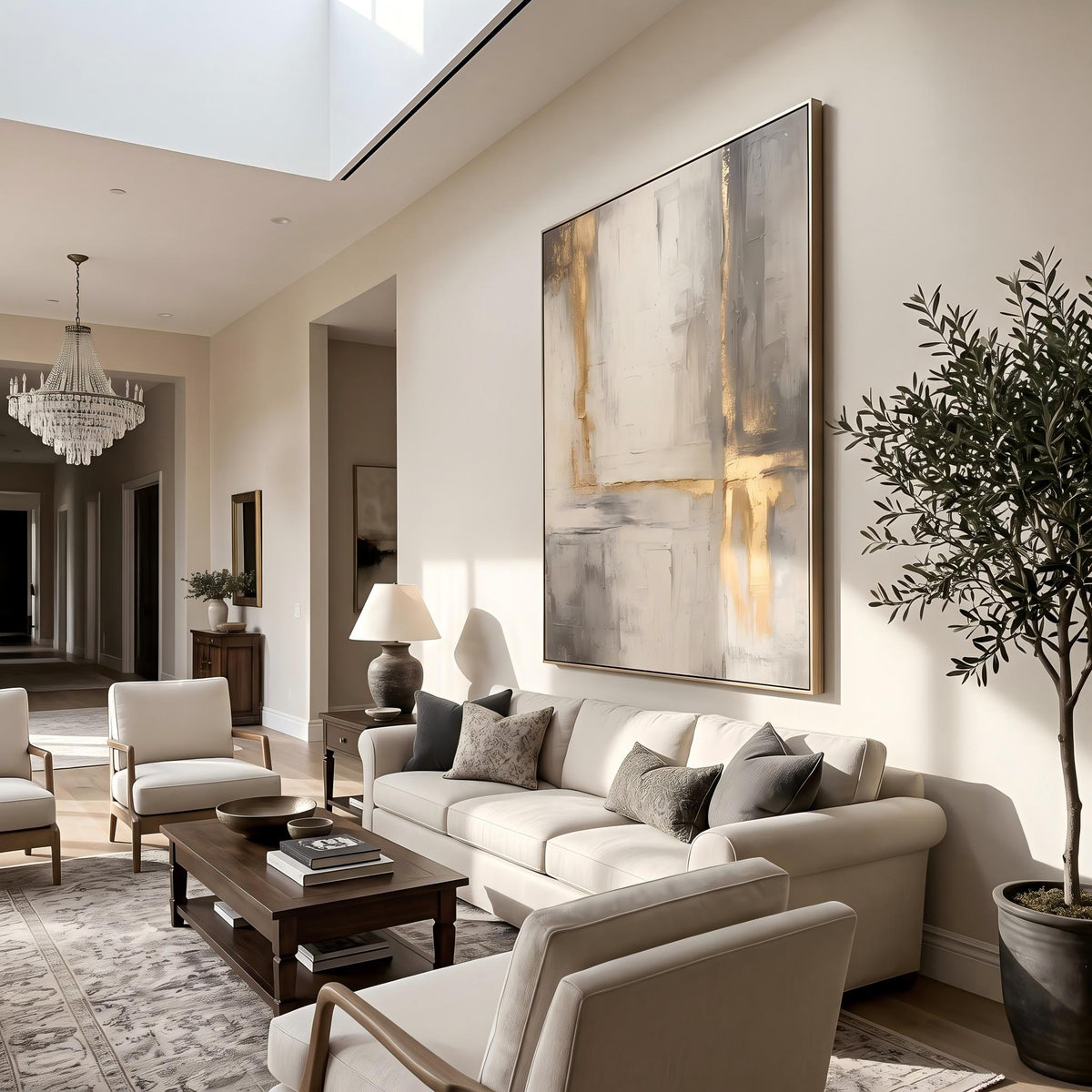 "Gold Foil Luxury" - Modern Heavy Impasto Abstract Artwork | Beige & White Palette Knife Painting | Luxury Vertical Wall Art #YK 1559