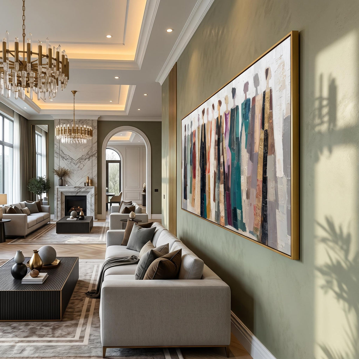 "Colorful Dressed Women Wall" - Modern Heavy Impasto Abstract Artwork | Beige Palette Knife Painting | Luxury Horizontal Wall Art #YK 1552