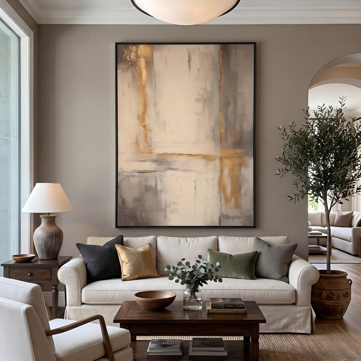 "Gold Foil Luxury" - Modern Heavy Impasto Abstract Artwork | Beige & White Palette Knife Painting | Luxury Vertical Wall Art #YK 1559