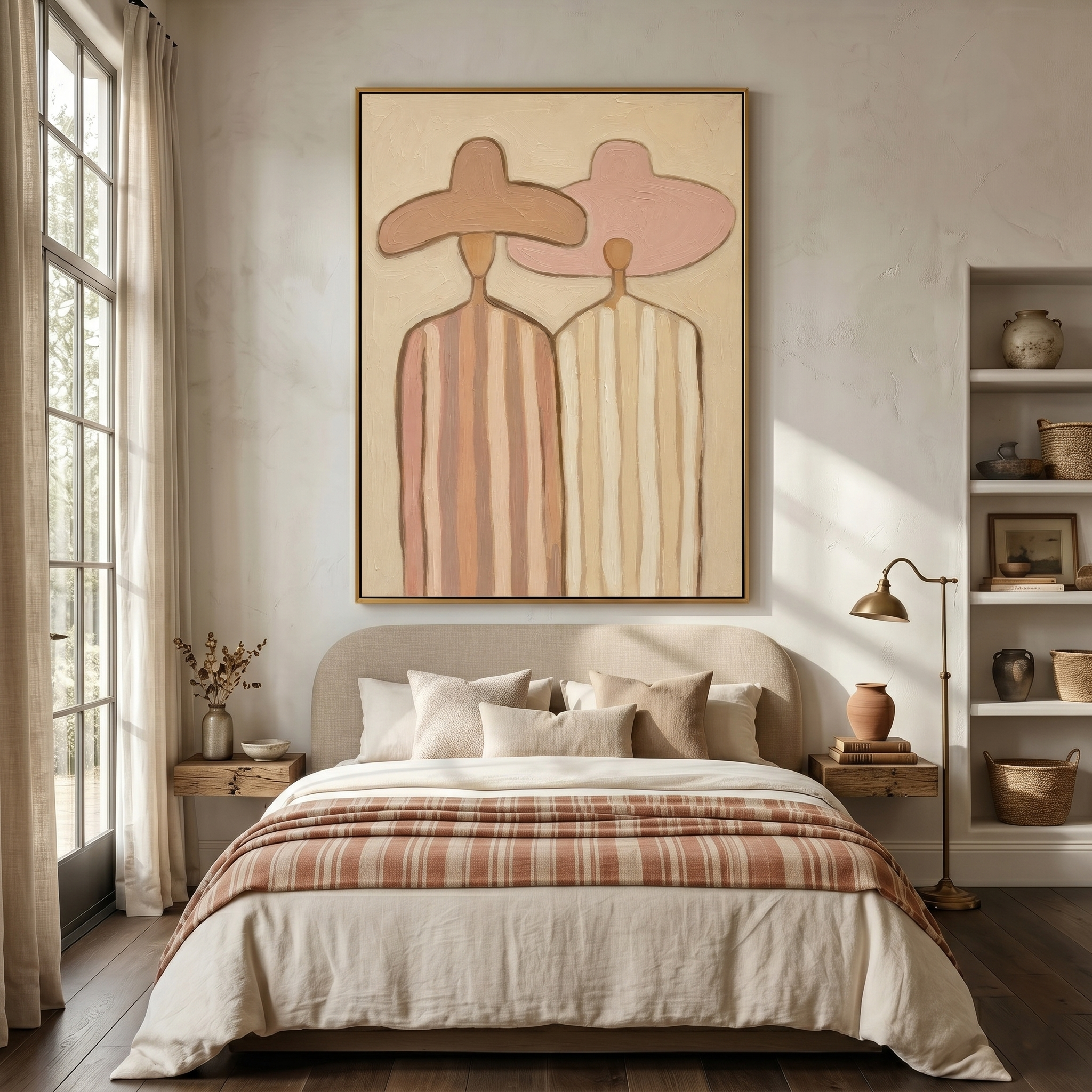 "Desert Companions" – Modern Heavy Impasto Figurative Art | 3D Blush & Sand Palette Knife Painting | Luxury Vertical Wall Art #PE 014
