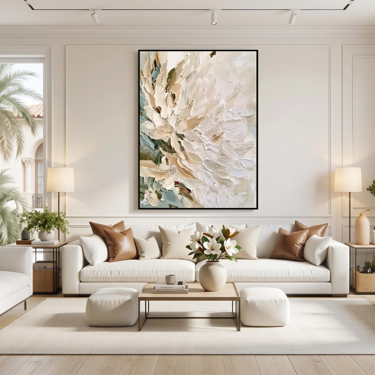 "Vertical Impasto White Flower" - Modern Heavy Impasto Floral Abstract | Beige Palette Knife Painting | Luxury Vertical Wall Art #YK 1553