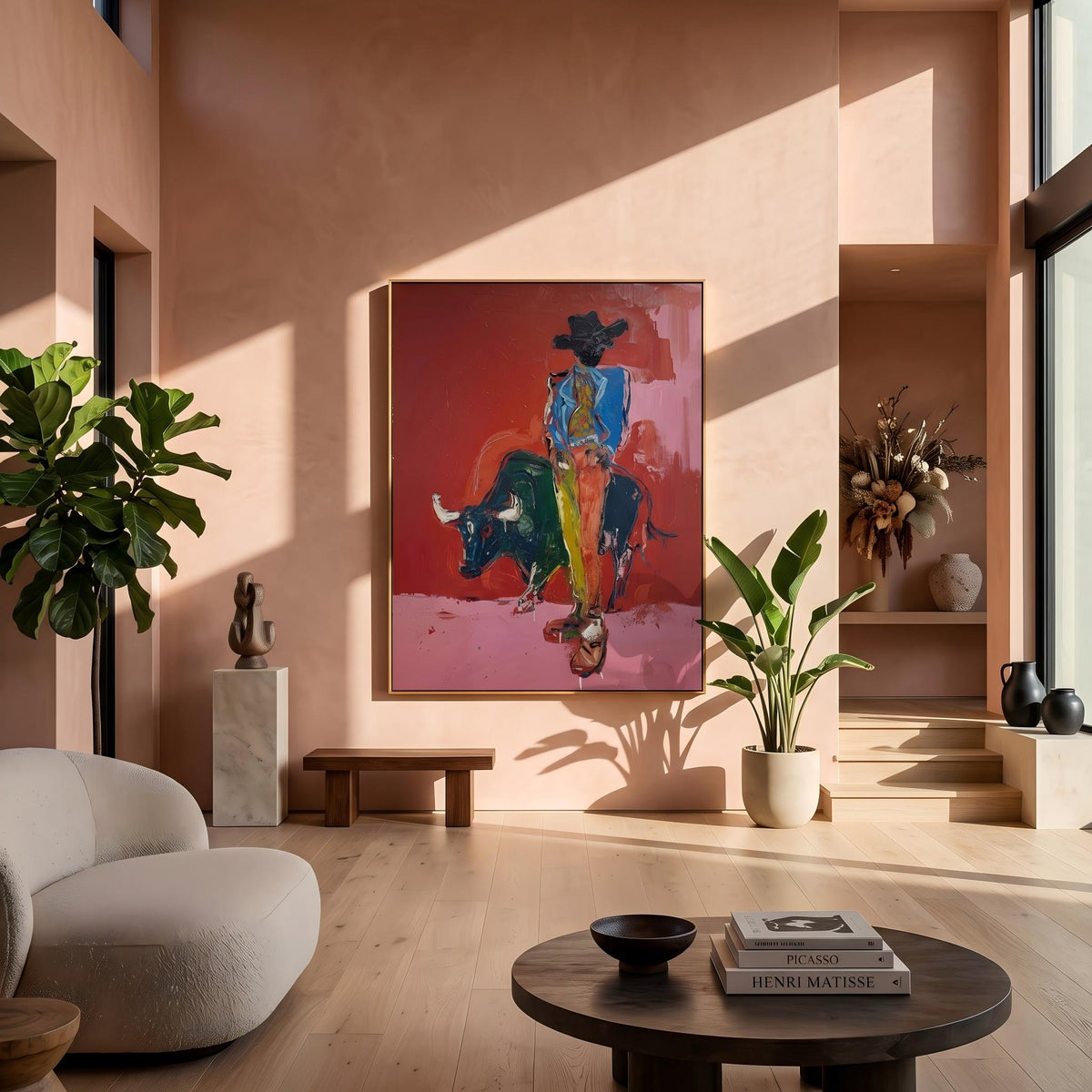 "Bullfighting Western Cowboy" - Modern Heavy Impasto Western Animal Artwork | Pink Palette Knife Painting | Luxury Vertical Wall Art #YK 1581