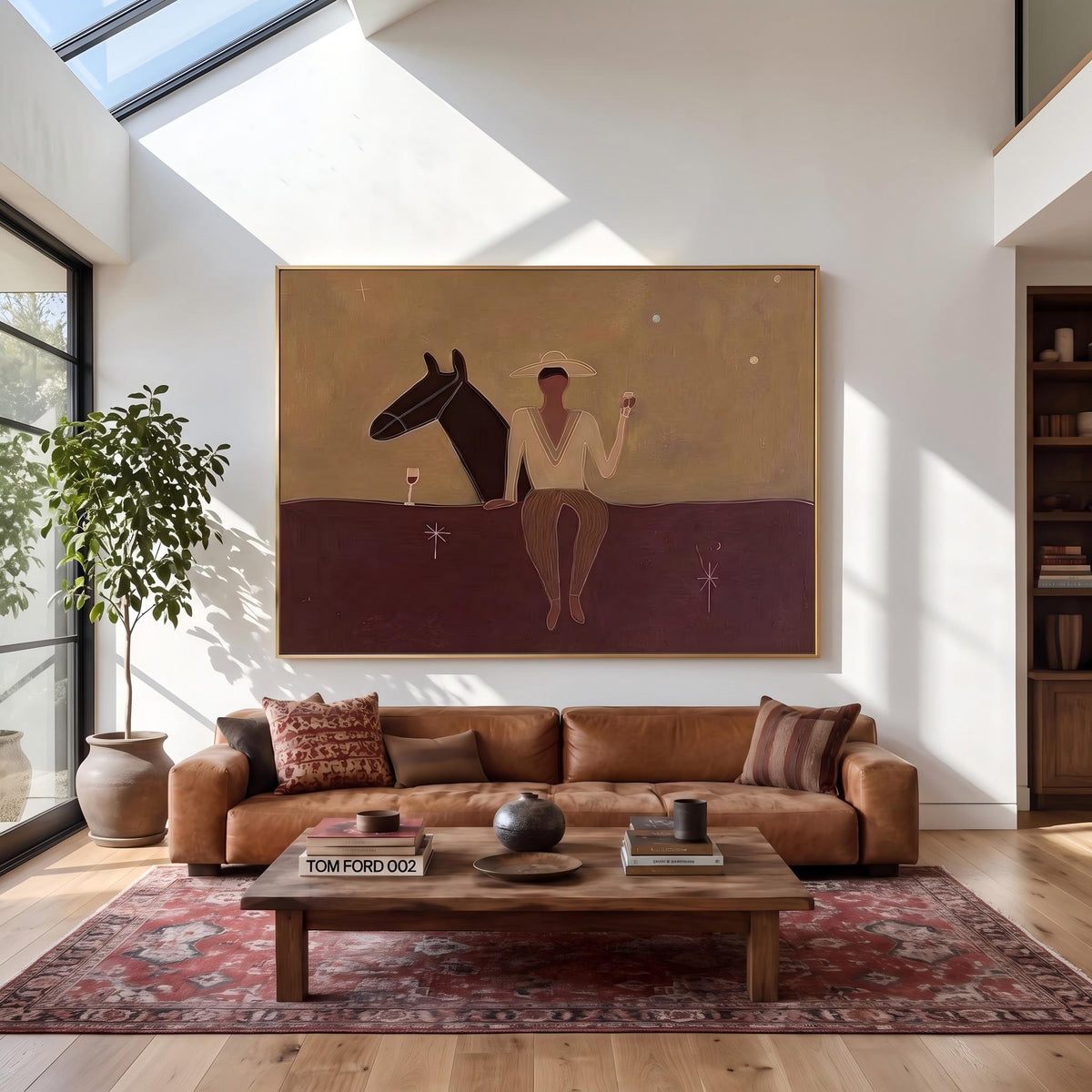"Western Cowboy and Horse" - Modern Heavy Impasto Western Animal Artwork | Purple Palette Knife Painting | Luxury Horizontal Wall Art #YK 1569