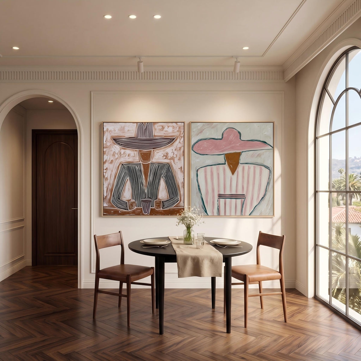 "Double Wide Striped Hat Western Cowboy and Girl" - Modern Heavy Impasto Western Animal Artwork | Golden Palette Knife Painting | Luxury Two-Panel Square Wall Art #YK 1568