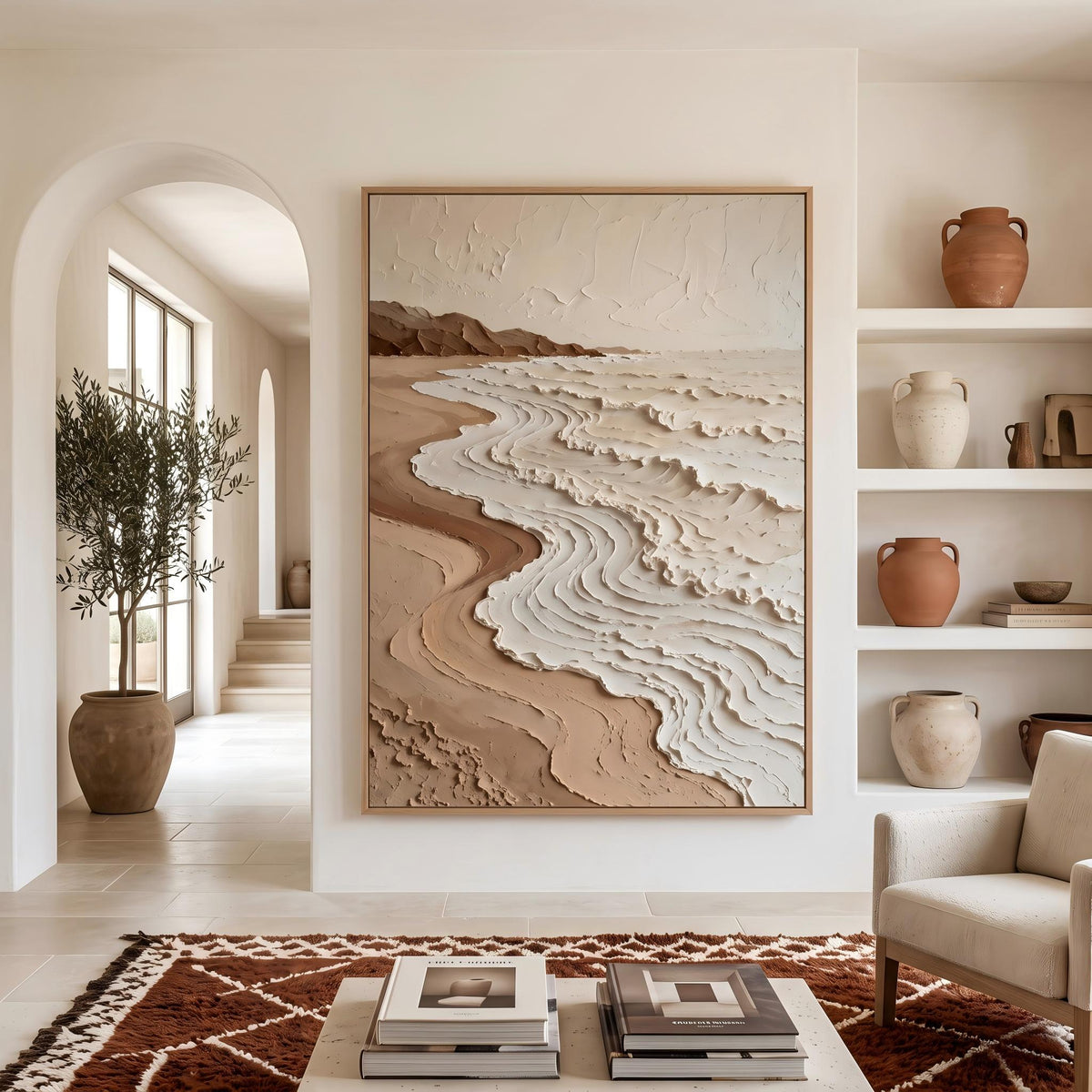 "Neutral Tones Stereoscopic Seaside Wall Decor" - Modern Heavy Impasto Coastal Landscape | Beige Palette Knife Painting | Luxury Vertical Wall Art #YK 1613