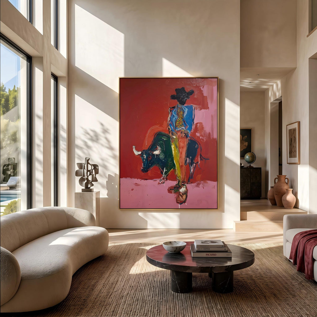 "Bullfighting Western Cowboy" - Modern Heavy Impasto Western Animal Artwork | Pink Palette Knife Painting | Luxury Vertical Wall Art #YK 1581